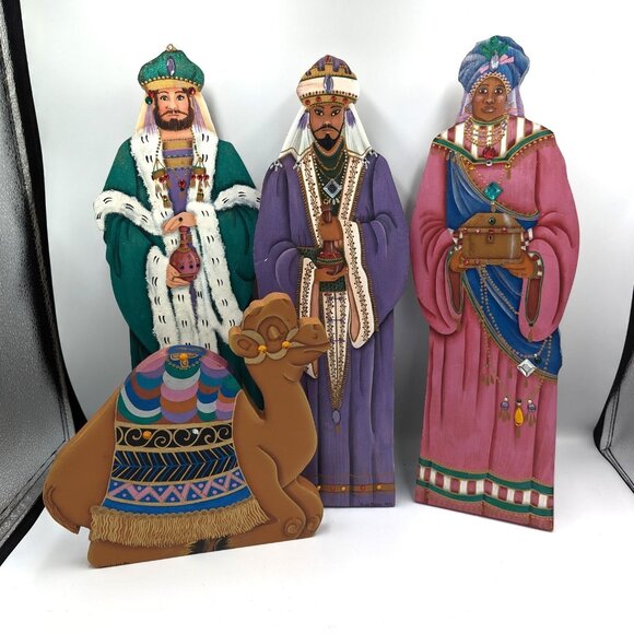 Wood Hand Painted Nativity Artist Signed Gwen Jordan 90s Wise Men Bejeweled 17